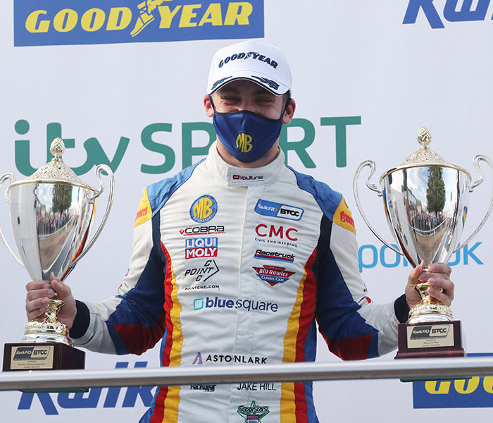 Jake Hill lifts trophy after securing BTCC Independent win at Snetterton